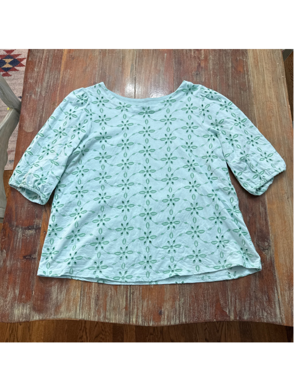 J. JILL Mint Green Eyelet Floral Embroidered Top 3/4 Sleeve Knit Blouse M